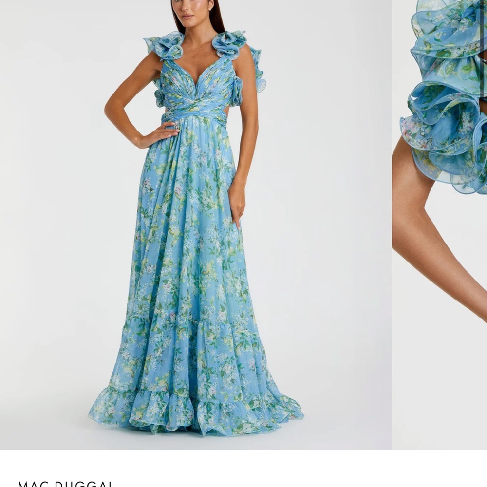 Macduggal ruffle tiered floral cut out chiffon gown, NWT